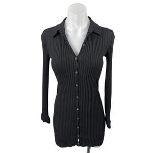 Theory Black Ribbed Knit Long Sleeve Collared Button Up Mini Bodycon Dress XS